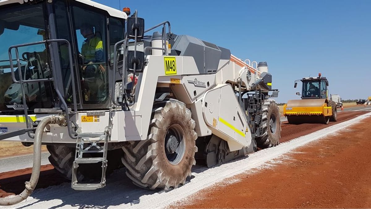 Wirtgen recycler and roller carrying out in-situ pavement stabilisation on a regional WA highway